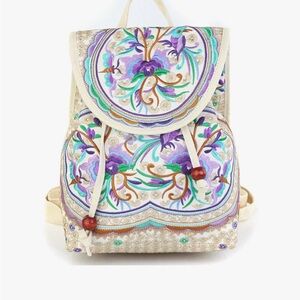 Elegant Floral Embroidered Backpack - Cream and Purple